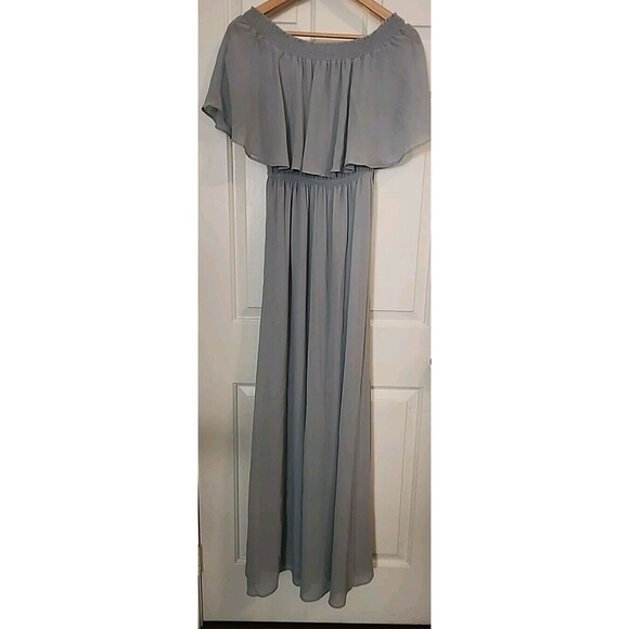 Show Me Your Mumu Maxi Dress Medium Blue Fluter Off Shoulder Lined Elastic Waist - Picture 6 of 7